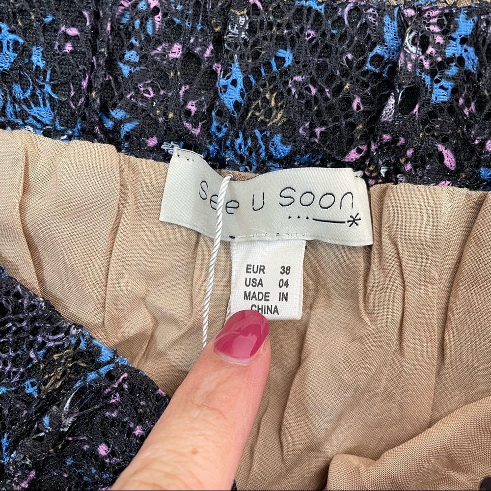 NWT See U Soon Black Blue Lace Overlay Midi Skirt - Picture 3 of 8